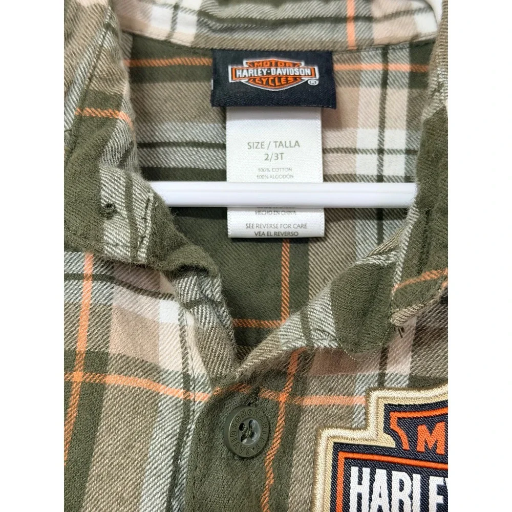 Harley-Davidson Toddler Boys Green Plaid Flannel Shirt Logo Patch Size 2T/3T